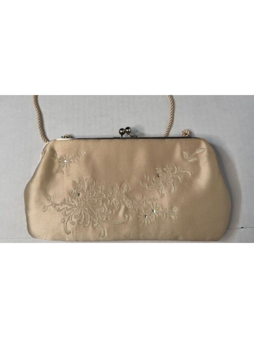 Franchi Champagne Satin Embroidered Floral Rhinestone Evening Bag